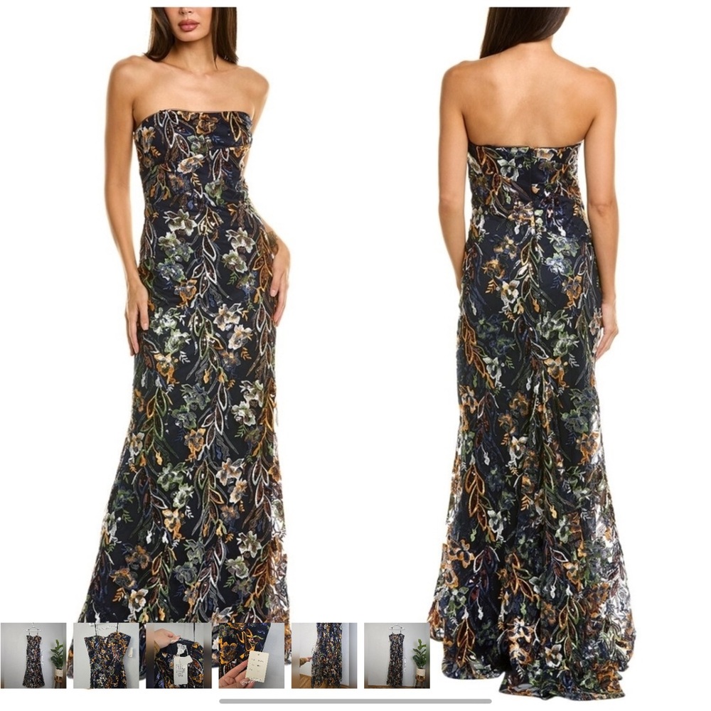 Rene Ruiz Strapless Floral Gown in Navy, Black, Green, Gold